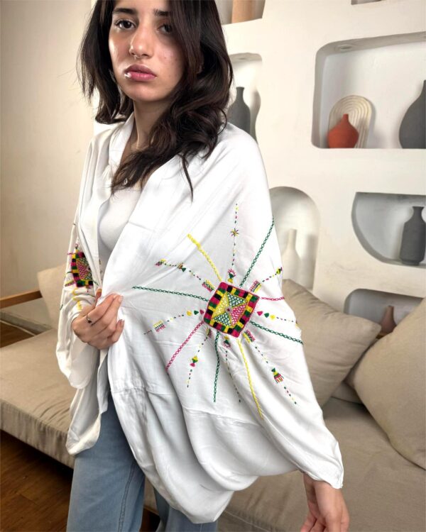 Handmade  siwan Embroidered  Cotton Cardigan – white– Free Size