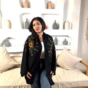 Handmade  siwan Embroidered  Cotton Cardigan – black – Free Size