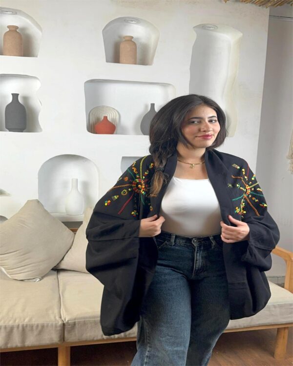 Handmade  siwan Embroidered  Cotton Cardigan – black – Free Size - Image 3