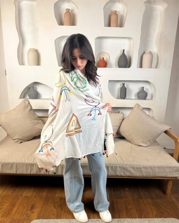 White Cotton Voile Shawl | Hand-Embroidered by Nubian Women of Aswan | 200×90 cm - Image 2