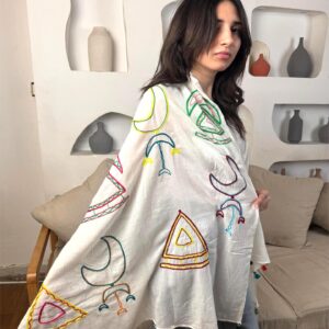 White Cotton Voile Shawl | Hand-Embroidered by Nubian Women of Aswan | 200×90 cm
