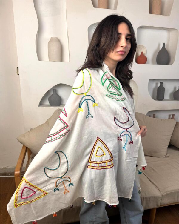 White Cotton Voile Shawl | Hand-Embroidered by Nubian Women of Aswan | 200×90 cm