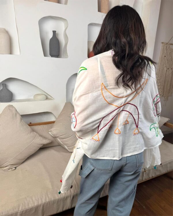 White Cotton Voile Shawl | Hand-Embroidered by Nubian Women of Aswan | 200×90 cm - Image 3
