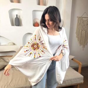 Handmade  siwan Embroidered  Cotton Cardigan – white– Free Size