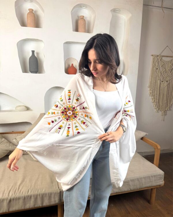 Handmade  siwan Embroidered  Cotton Cardigan – white– Free Size