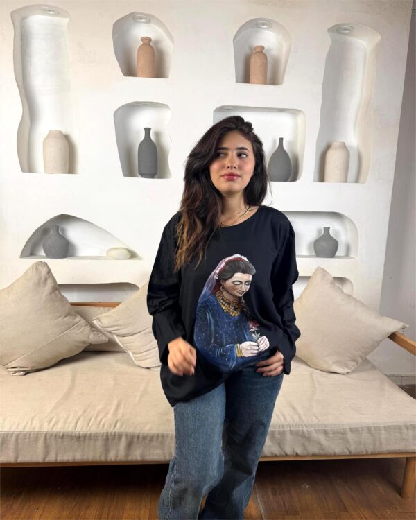 Hand-Painted Long-Sleeve black Cotton blouse free size up to 2XL - Image 3