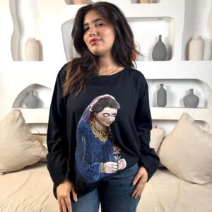 Hand-Painted Long-Sleeve black Cotton blouse free size up to 2XL