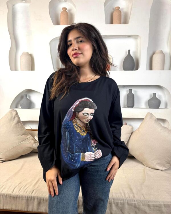 Hand-Painted Long-Sleeve black Cotton blouse free size up to 2XL