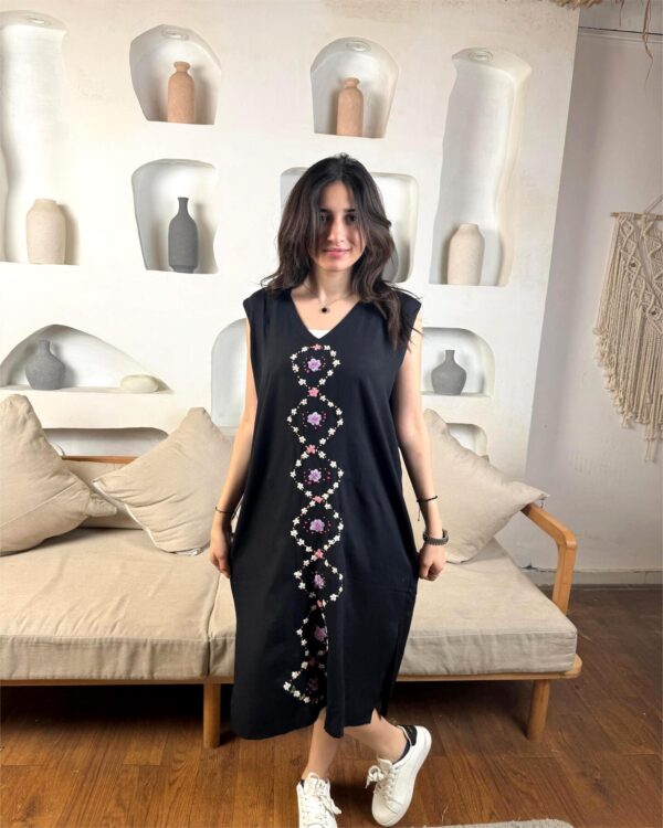 Black Sleeveless Side-Open Embroidered Cotton Dress | Handcrafted by Female Artisans | Size M | Length 115 cm