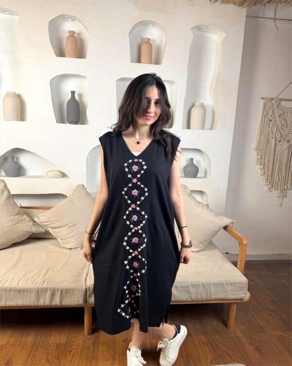 Black Sleeveless Side-Open Embroidered Cotton Dress | Handcrafted by Female Artisans | Size M | Length 115 cm - Image 2
