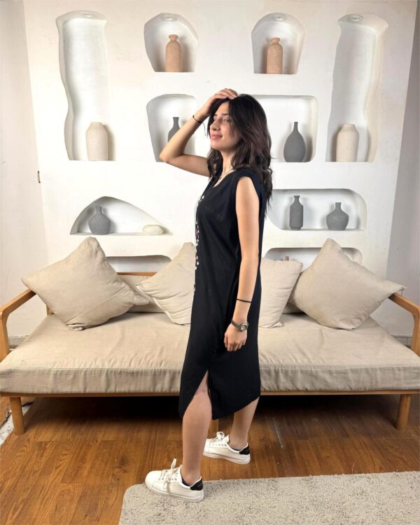 Black Sleeveless Side-Open Embroidered Cotton Dress | Handcrafted by Female Artisans | Size M | Length 115 cm - Image 3