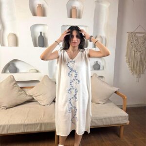 White Sleeveless Side-Open Embroidered Cotton Dress | Handcrafted by Female Artisans | Size M | Length 110 cm