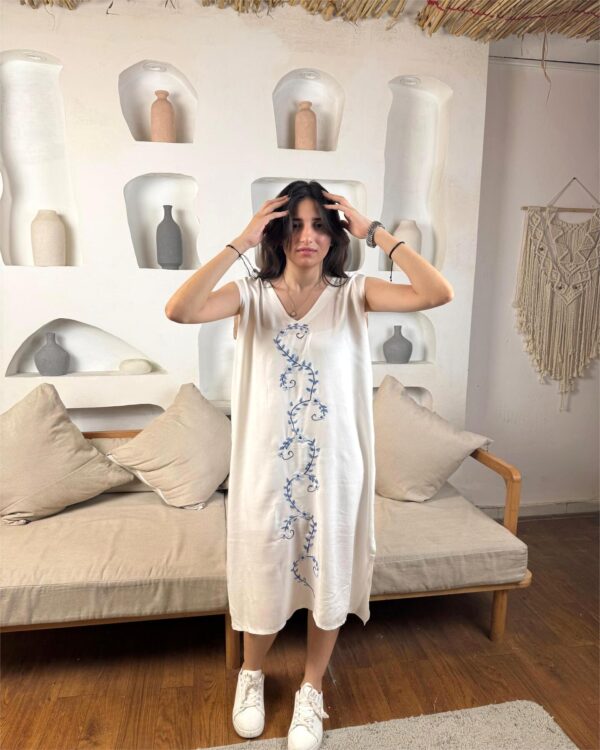 White Sleeveless Side-Open Embroidered Cotton Dress | Handcrafted by Female Artisans | Size M | Length 110 cm