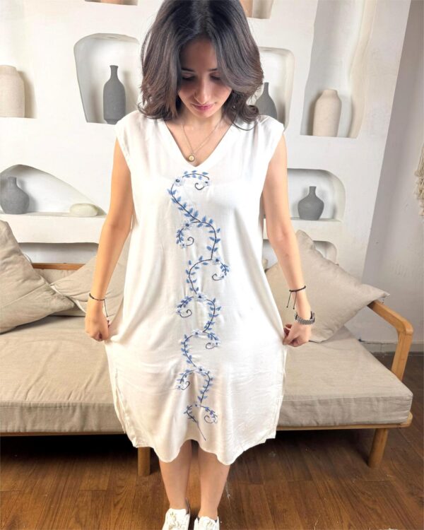 White Sleeveless Side-Open Embroidered Cotton Dress | Handcrafted by Female Artisans | Size M | Length 110 cm - Image 3