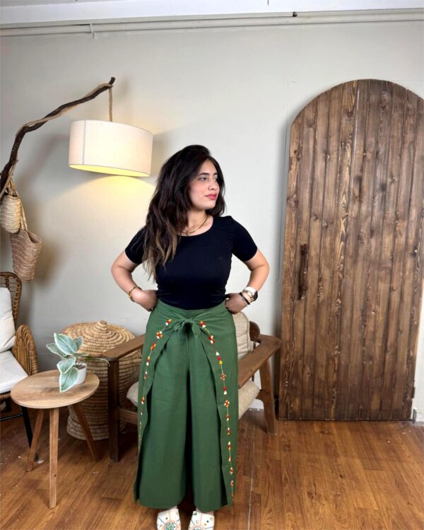 Hand-Embroidered Crossover Waist Pants with Integrated Belt | Siwa Artisan Work | Olive Green | Free Size up to 2XL - Image 3