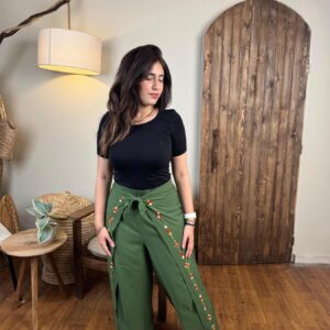 Hand-Embroidered Crossover Waist Pants with Integrated Belt | Siwa Artisan Work | Olive Green | Free Size up to 2XL