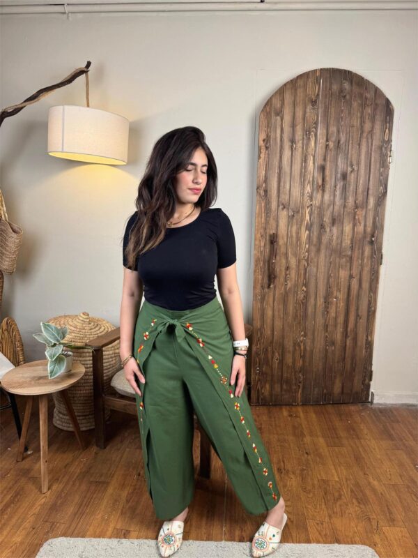 Hand-Embroidered Crossover Waist Pants with Integrated Belt | Siwa Artisan Work | Olive Green | Free Size up to 2XL