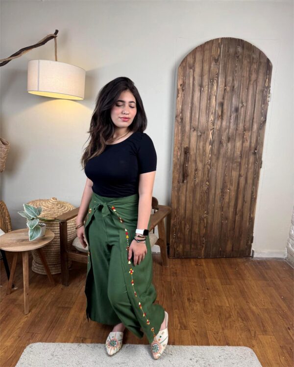 Hand-Embroidered Crossover Waist Pants with Integrated Belt | Siwa Artisan Work | Olive Green | Free Size up to 2XL - Image 5