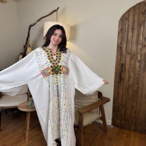 Spanish Linen Abaya Hand-Embroidered from Siwa Free size up to 3XL