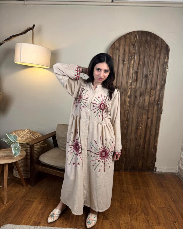 Hand-Embroidered Cotton-Linen Dress by Siwa Artisans – Beige free aize up to 3XL - Image 2