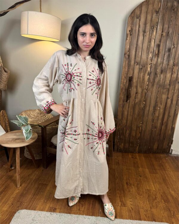 Hand-Embroidered Cotton-Linen Dress by Siwa Artisans – Beige free aize up to 3XL - Image 3