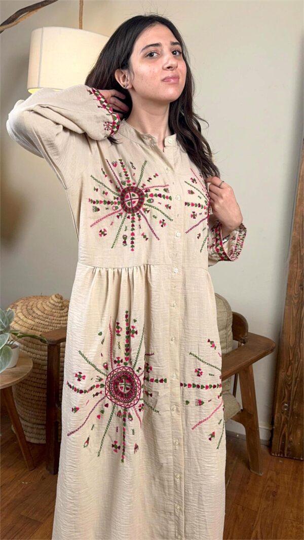 Hand-Embroidered Cotton-Linen Dress by Siwa Artisans – Beige free aize up to 3XL