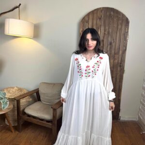 Hand-Embroidered Cotton Voile Dress with Lining & Sleeves  female artizan Design | White | Free Size up to 3XL