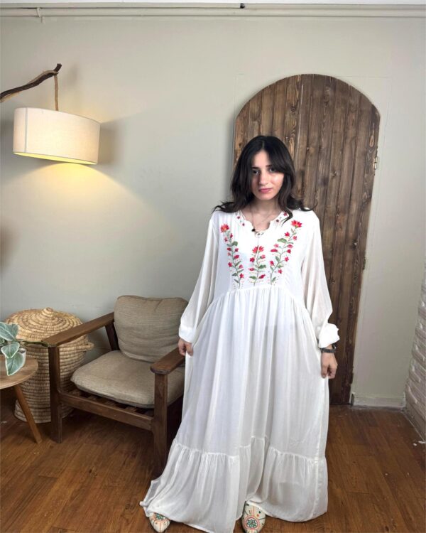Hand-Embroidered Cotton Voile Dress with Lining & Sleeves  female artizan Design | White | Free Size up to 3XL