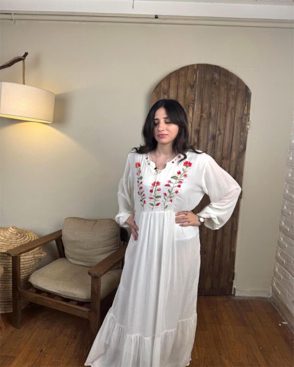 Hand-Embroidered Cotton Voile Dress with Lining & Sleeves  female artizan Design | White | Free Size up to 3XL - Image 3