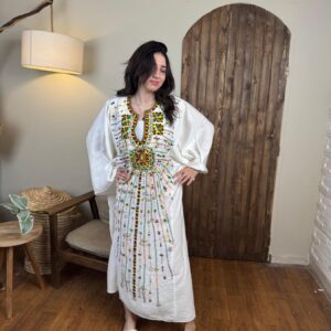 Spanish Linen Abaya Hand-Embroidered from Siwa Free size up to 3XL