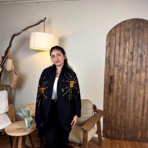 Handmade  siwan Embroidered  Cotton Cardigan – black – Free Size