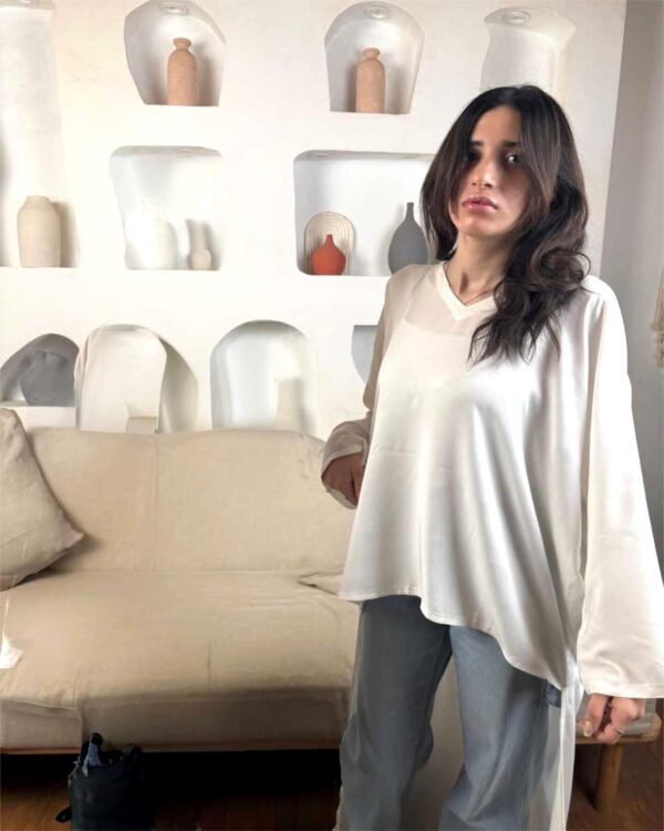 Hand-Painted Long-Sleeve High-Low Cotton Blouse Free size up to 3XL - Image 2