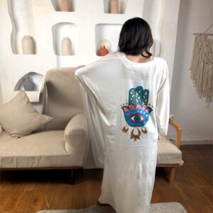 Hand-Painted Long-Sleeve High-Low Cotton Blouse Free size up to 3XL