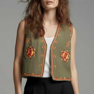 Handmade Olive Linen Vest – Hand-Embroidered by Siwan Artisans (XL, One of a Kind)