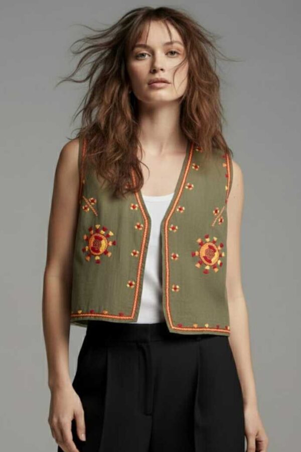 Handmade Olive Linen Vest – Hand-Embroidered by Siwan Artisans (XL, One of a Kind)