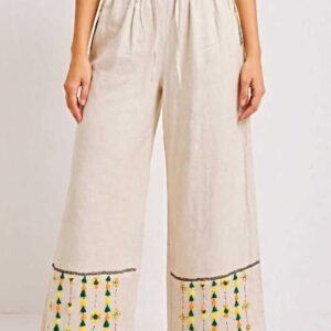 Handmade beige Linen Pants – Hand-Embroidered by Siwan Artisans (3XL, One of a Kind)