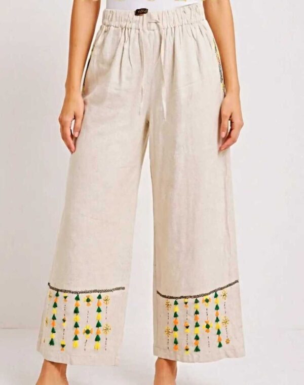 Handmade beige Linen Pants – Hand-Embroidered by Siwan Artisans (3XL, One of a Kind)