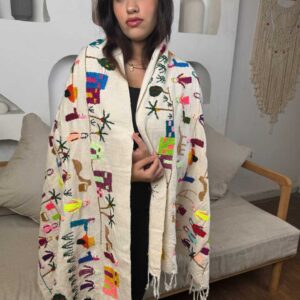 Handmade offwhite Linen shawl  from Akhmim – Handwoven & Embroidered Egyptian Village Design (2m x 1m)