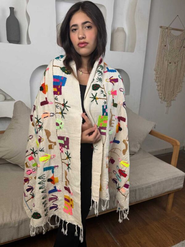 Handmade offwhite Linen shawl  from Akhmim – Handwoven & Embroidered Egyptian Village Design (2m x 1m)