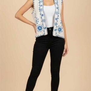 Handmade white Linen Vest – Hand-Embroidered by Siwan Artisans (XL, One of a Kind)