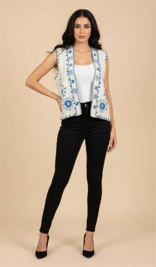 Handmade white Linen Vest – Hand-Embroidered by Siwan Artisans (XL, One of a Kind)