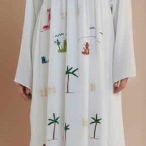 White spanish linen Dress | Hand-Embroidered by Sohag Women with Village-Inspired Motifs | Size free size up to 3XL