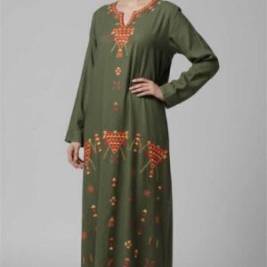 Olive Green Linen Abaya with Hand Embroidery by Siwa Women | Desert-Inspired | Free Size up to 3XL