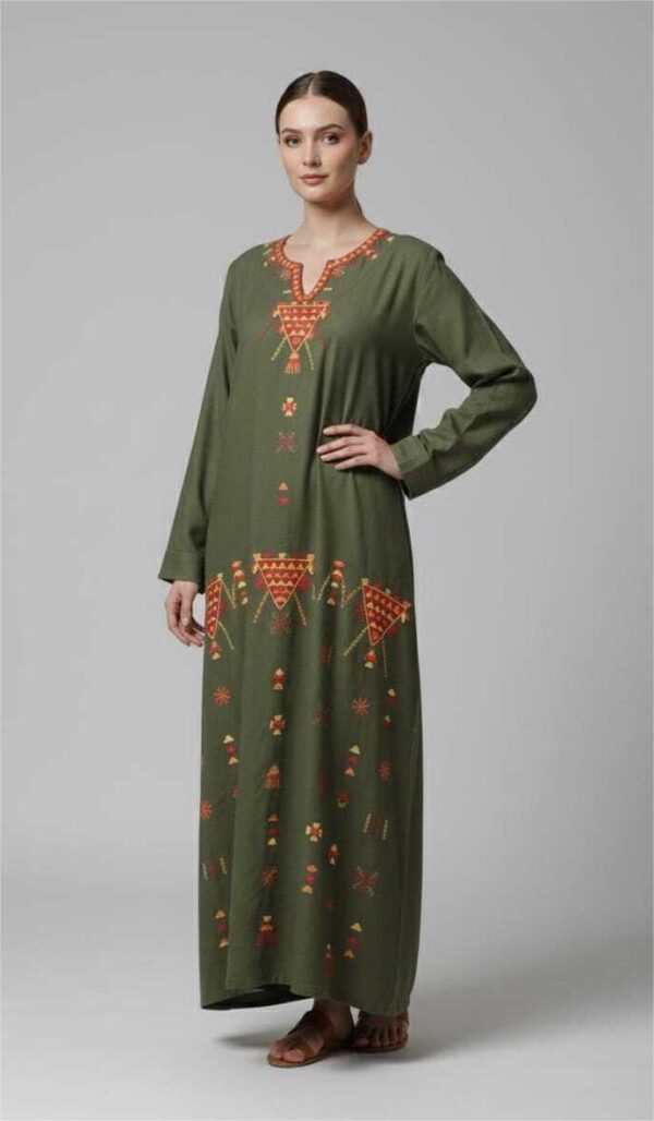 Olive Green Linen Abaya with Hand Embroidery by Siwa Women | Desert-Inspired | Free Size up to 3XL