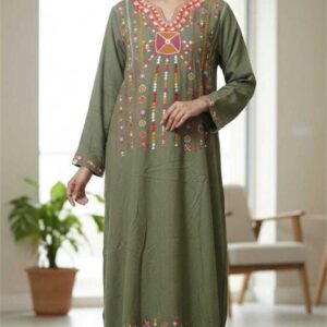 Olive Green Linen Abaya with Hand Embroidery by Siwa Women | Desert-Inspired | Free Size up to XL