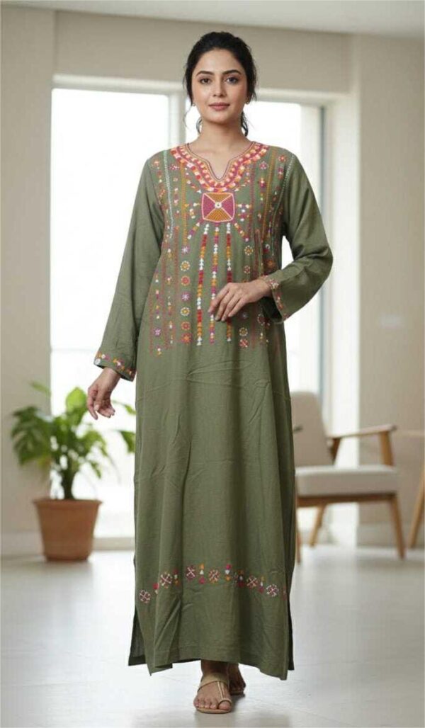 Olive Green Linen Abaya with Hand Embroidery by Siwa Women | Desert-Inspired | Free Size up to XL