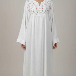 Hand-Embroidered  White Spanish Linen Dress with Colorful Threadwork | Size up to 3 XL
