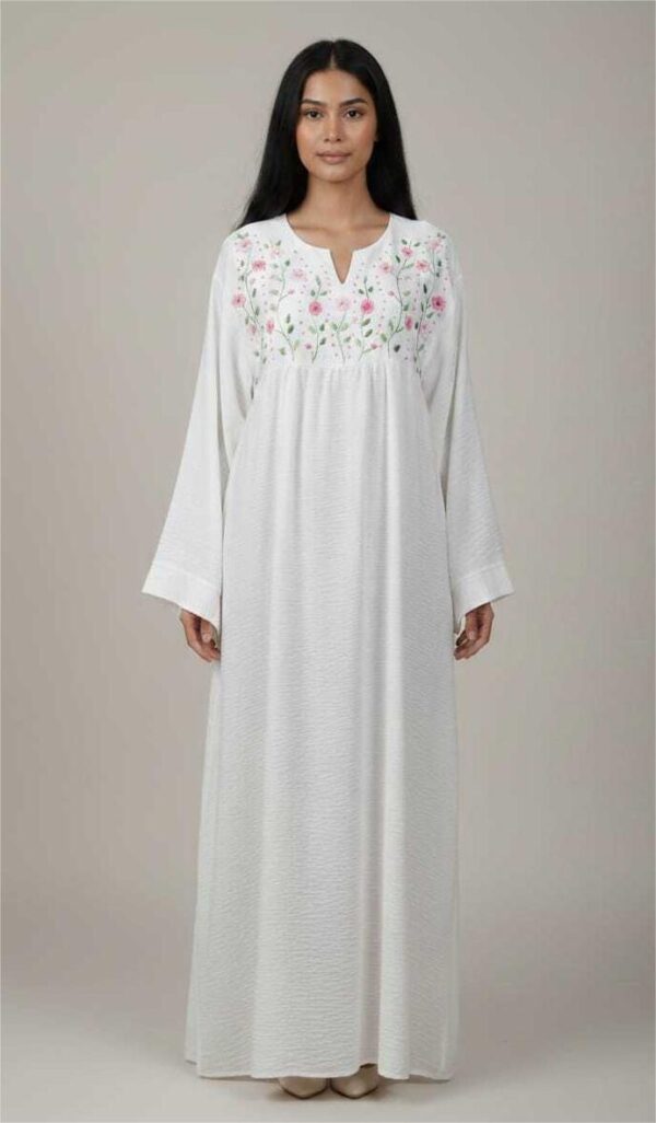 Hand-Embroidered  White Spanish Linen Dress with Colorful Threadwork | Size up to 3 XL
