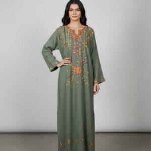 Olive Green Linen Abaya with Hand Embroidery by Siwa Women | Desert-Inspired | Free Size up to 2XL