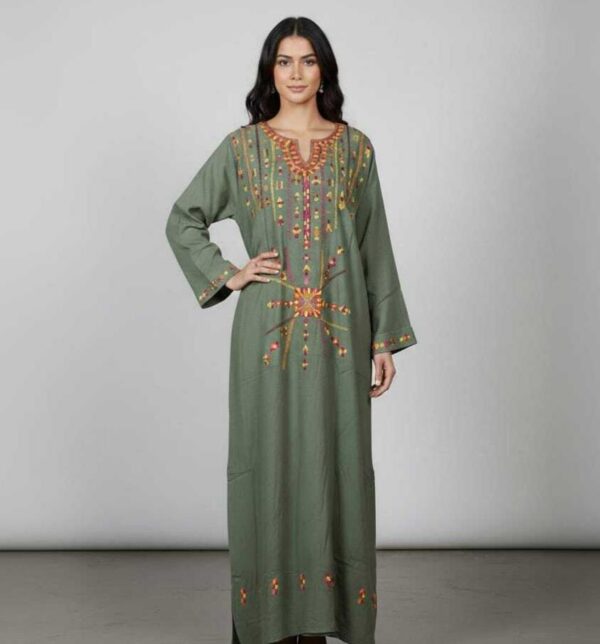 Olive Green Linen Abaya with Hand Embroidery by Siwa Women | Desert-Inspired | Free Size up to 2XL